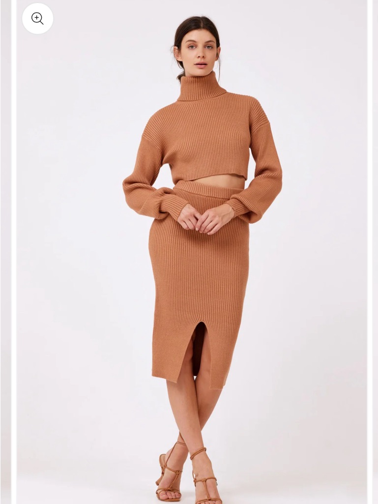 Aureum Ribbed Midi Skirt Set And Cropped Turtle Neck Sweater In Camel Brown